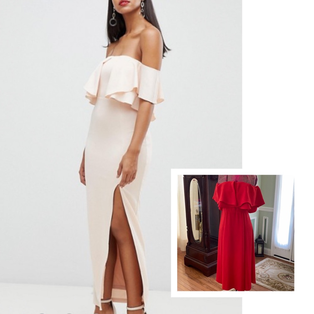 NWT ASOS Red Rare London Off-Shoulder Ruffle Maxi